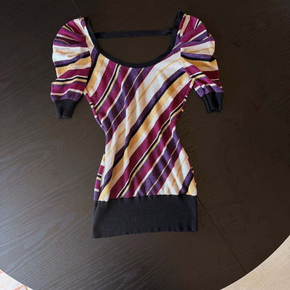 Guess Vintage Y2K Multicolored Striped Metallic Knit Puff Sleeve Top
